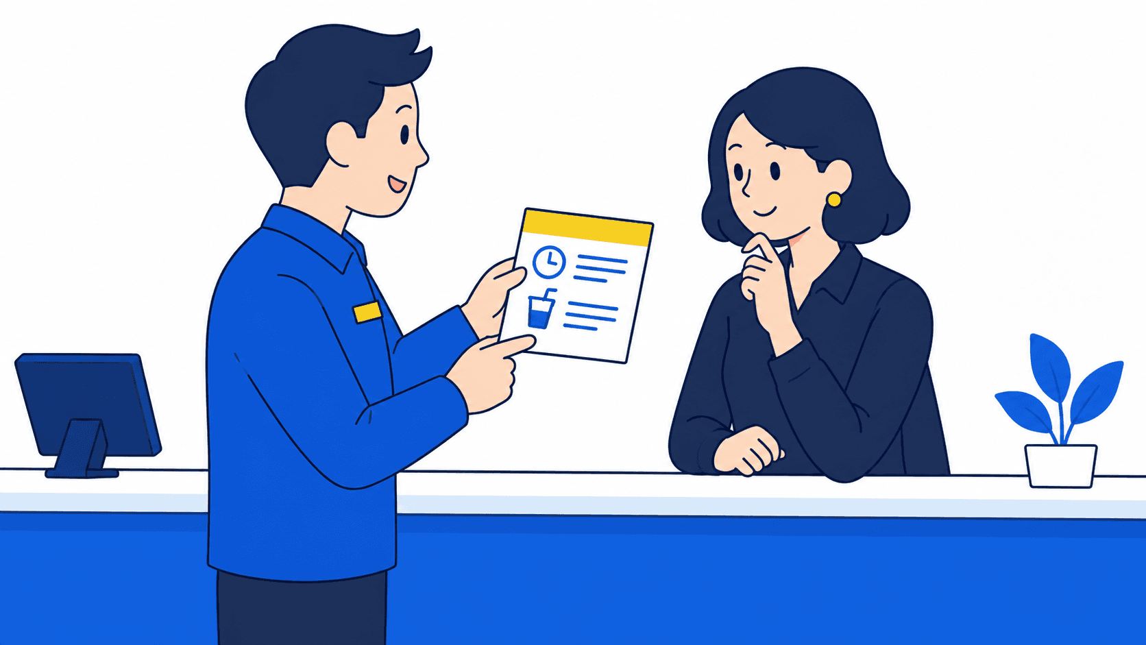 ラウンジの受付担当が料金カードで総額と利用条件を伝え、お客様が内容を確認する場面